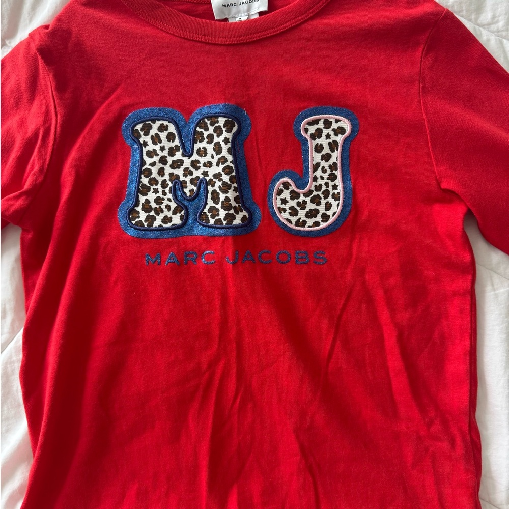 Marc Jacobs Red Long Sleeve Tee with Leopard 'MJ' Design